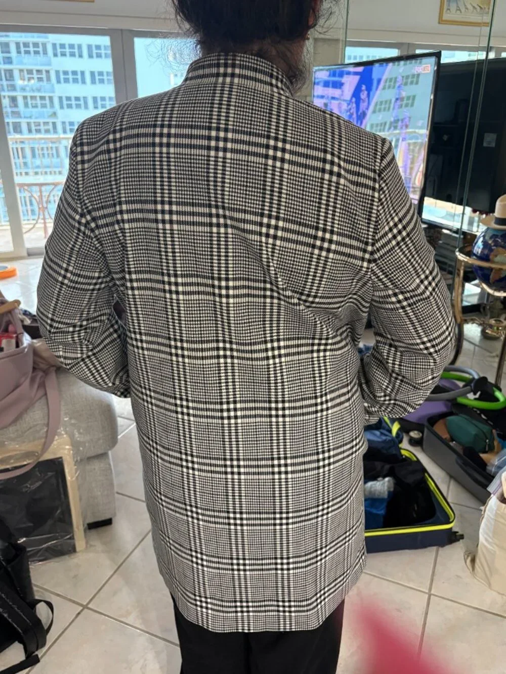 Carolina Belle Montreal Plaid White/Black Modern collar coat Large